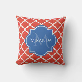Trendig Red Quatrefoil Blue Monogram och Namn Kudde