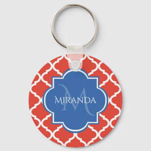 Trendig Red Quatrefoil Blue Monogram och Namn Nyckelring