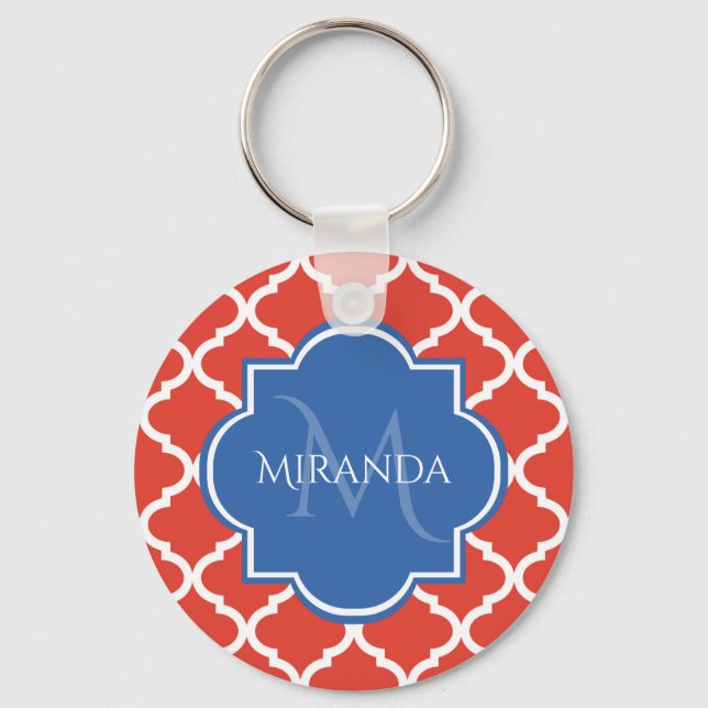 Trendig Red Quatrefoil Blue Monogram och Namn Nyckelring (Framsida)