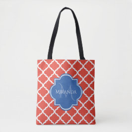 Trendig Red Quatrefoil Blue Monogram och Namn Tygkasse