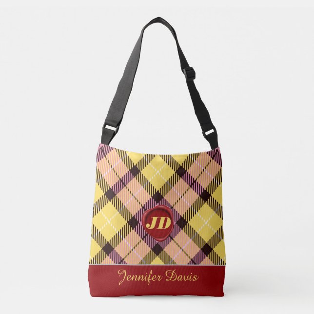 Trendig Red Vax Monogram Script Namn Tartan Play Axelväska (Framsida)
