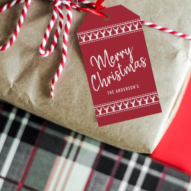 Trendig Red & White Hjort Typography God jul Presentetikett (Skapare uppladdad)