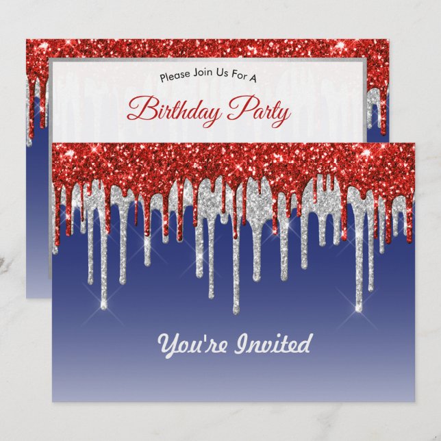 Trendig Red White och Blue Glitter Drives Birthday Inbjudningar (Fram/baksida)