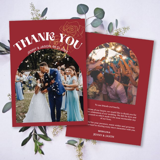 Trendig Retro Arch Red Bröllop Photo - tackkort Meddelande (Trendy Retro Arch Red Wedding Photo Thank You Card)