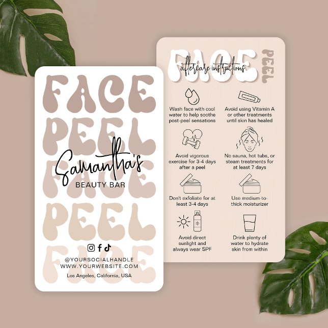 Trendig Retro Beige Chemical Ansikte Peel Aftercar Visitkort (Trendy face peel after care instructions business cards with icons and retro fonts)