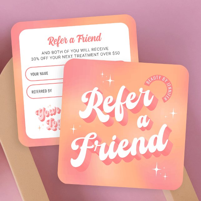 Trendig Retro Peach Rosa Makeup Beauty Salon Logot Rabattkort (Embrace the groove with this retro Refer a Friend business card design)