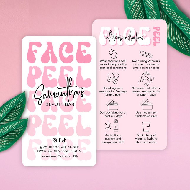 Trendig Retro Rosa Ansikte Peel Aftercare Aestheti Visitkort (Trendy face peel aftercare cards featuring pink hues, retro fonts and beauty care icons)