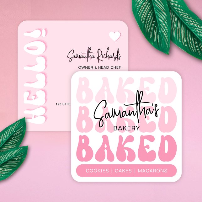 Trendig Retro Rosa Bakery Pastry Chef Caterer Fyrkantigt Visitkort (Bakery business cards in retro pink design with nostalgic fonts, girly colors and modern layout)