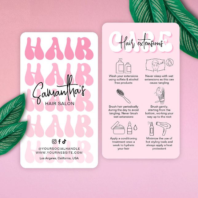 Trendig Retro Rosa Girly Hair Extensions Eftervård Visitkort (Trendy pink hair extensions care cards with fully editable colors and hair care icons)