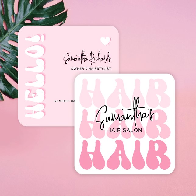 Trendig Retro Rosa Hair Stylist Salon Chic Modern Fyrkantigt Visitkort (Trendy hair stylist business cards with retro fonts and modern pink aesthetic)