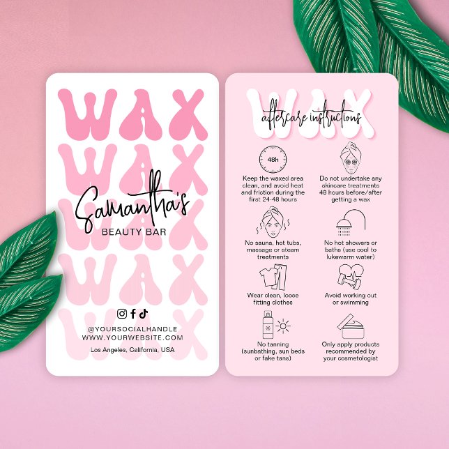 Trendig Retro Rosa Modern Salon Waxing Eftervård Visitkort (Stand out and impress with these trendy pink aesthetic hair waxing aftercare instructions cards)