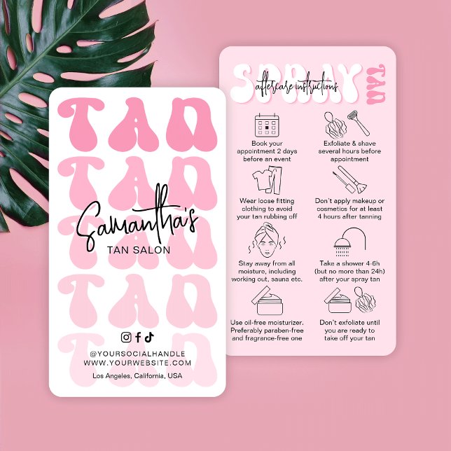 Trendig Retro Rosa Spray Tan Care Instructions Visitkort (Embrace the retro charm with these pink aesthetic tanning salon after care cards with care icons)
