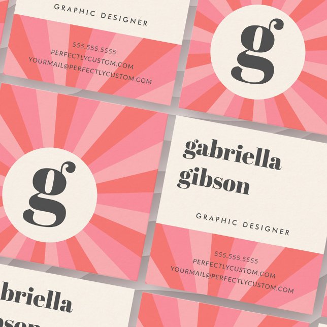 Trendig retro sunburst minimum mongram rosa kräm fyrkantigt visitkort (Trendy retro sunburst minimal monogram pink cream square business card)