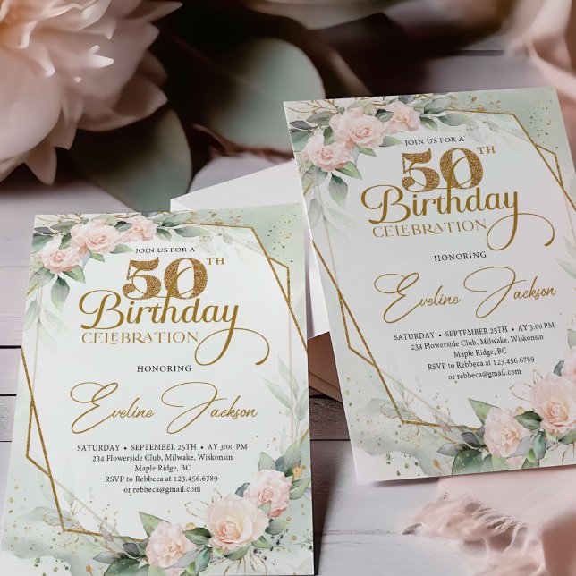 Trendig  ro eukalyptus greenery guld ram inbjudningar (Gold numbers blush roses and eucalyptus 50th birthday invitation digital )