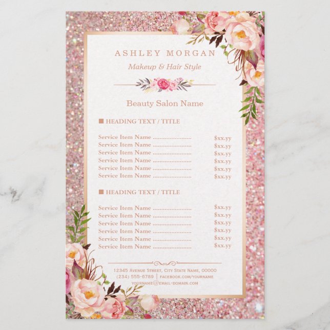 Trendig Ro Guld Glitter Blommigt Beauty Salon Menu Flygblad (Framsidan)