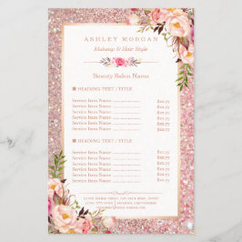 Trendig Ro Guld Glitter Blommigt Beauty Salon Menu Flygblad
