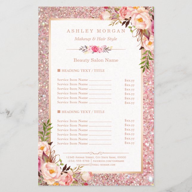 Trendig Ro Guld Glitter Blommigt Beauty Salon Menu Flygblad (Framsidan)