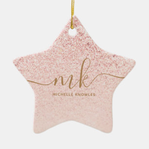 Trendig Ro Guld Glitter Finare Initialer och Namn Julgransprydnad Keramik