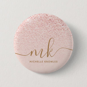 Trendig Ro Guld Glitter Finare Initialer och Namn Knapp