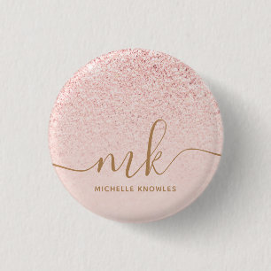 Trendig Ro Guld Glitter Finare Initialer och Namn Knapp