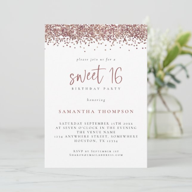 Trendig Ro Guld Glitter Sweet 16 Födelsedagsfest Inbjudningar (Stående Fram)