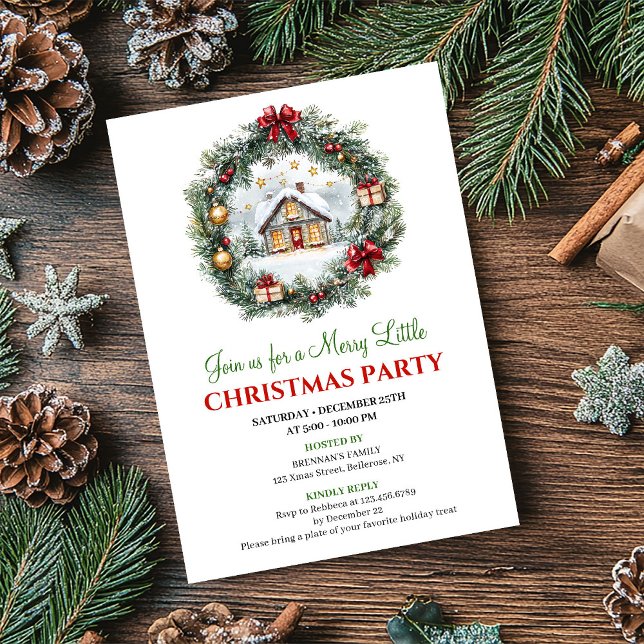 Trendig Röd Grön Högtids Scen Fest Inbjudan Kort (Chic Red Green Holiday Scene Party Invitation Card)