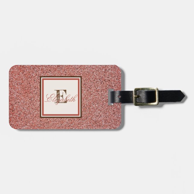 Trendig röd marmorerad textur, monogram-personanpa bagagebricka (Horisontell Framsida)