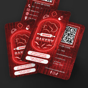 Trendig röd neon rosa bageri anpassad logotyp QR-k Visitkort