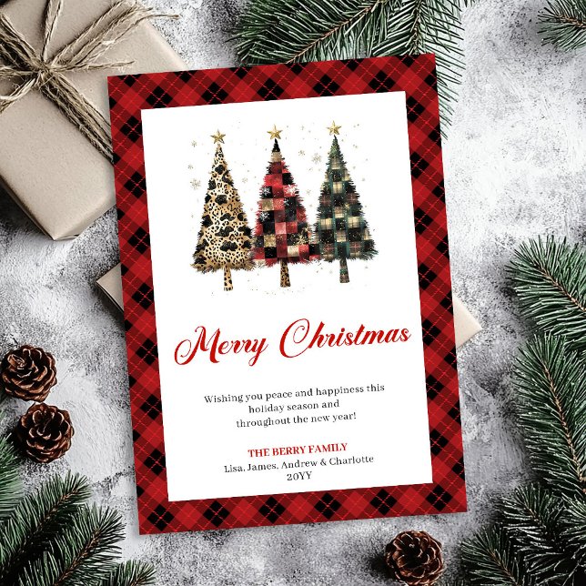 Trendig röd rutig julgran leopardmönster   julkort (Trendy Red Plaid Christmas Tree Leopard Pattern Card)
