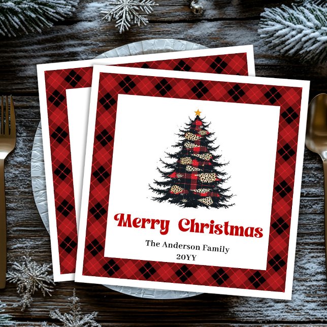 Trendig röd svart rutig servett anpassad jul (Trendy Red Black Plaid Napkin Custom Christmas)
