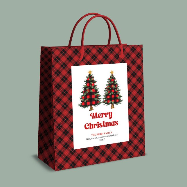 Trendig röd svart tartan julklappsväska redigerbar (Trendy red black tartan Christmas bag editable)