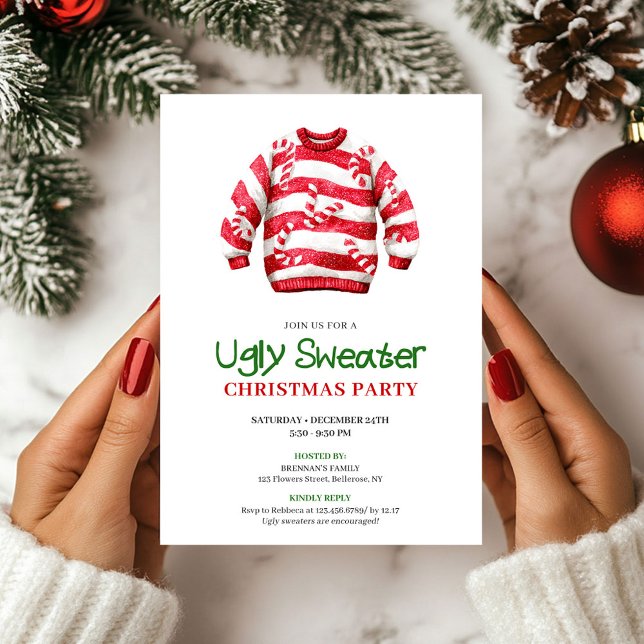 Trendig Rolig Fjulig Jultröja Xmas Inbjudan Design (Trendy Funny Ugly Sweater Xmas Invite Design)