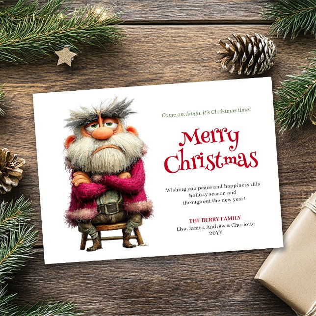 Trendig rolig grinig tomte redigerbar gratulations julkort (Grumpy Santa editable funny digital Christmas card fun)