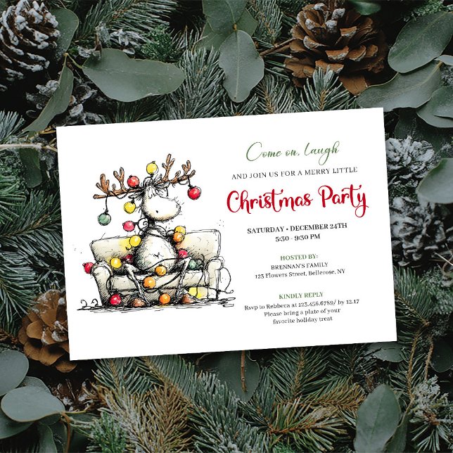 Trendig rolig ren julfestinbjudan inbjudningar (Chic Funny Reindeer Christmas Party Invitation)