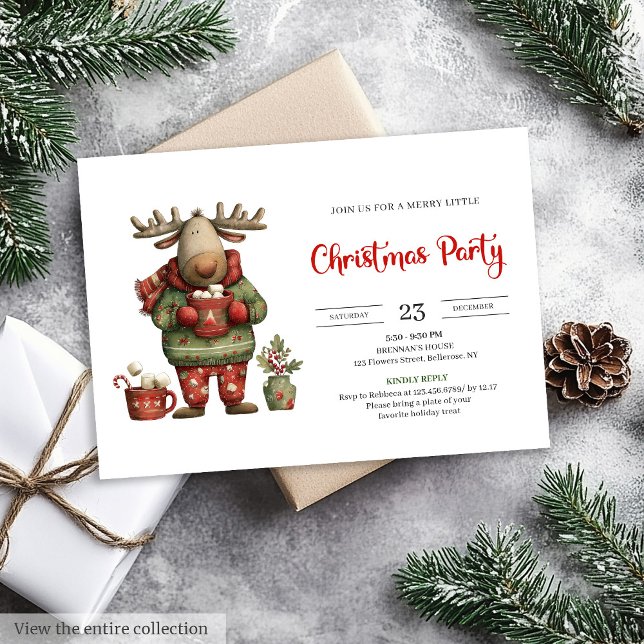 Trendig rolig ren röd grön festlig inbjudan (Trendy Funny Reindeer red green festive invite)