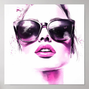 Trendig rosa akvarellfashionkvinna solglasögon poster