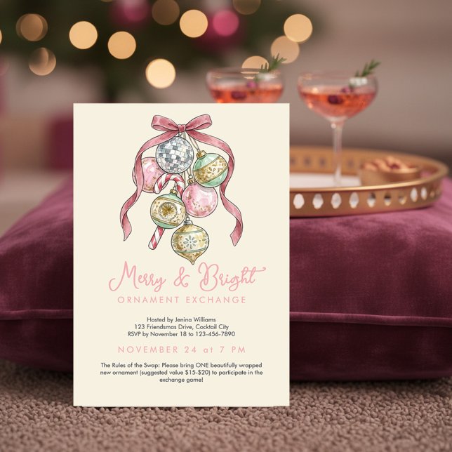 Trendig Rosa Båge Disco Boll Julgransprydnad Utbyt Inbjudningar (Merry & Bright Ornament Exchange invitation by Darling & May - printed or digital download)