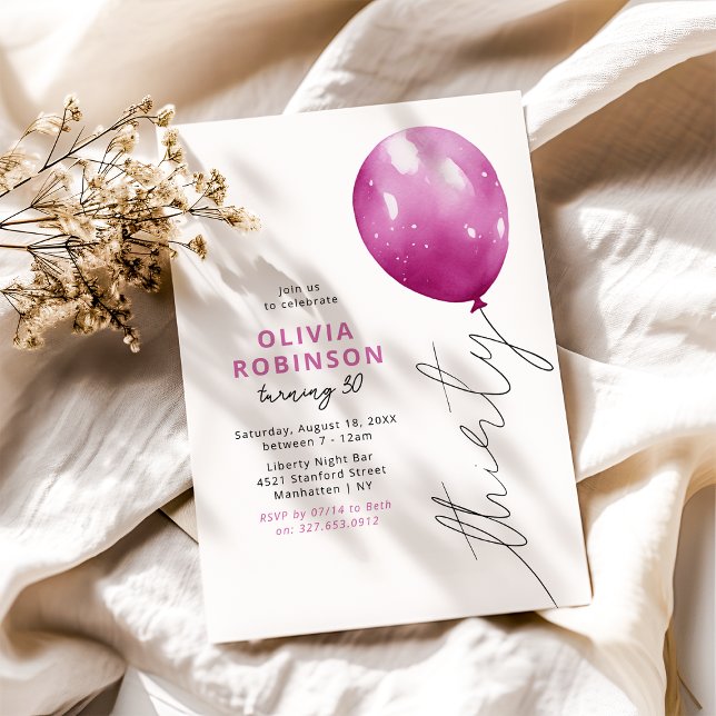 Trendig rosa ballong 30-årsdag inbjudningar (Skapare uppladdad)