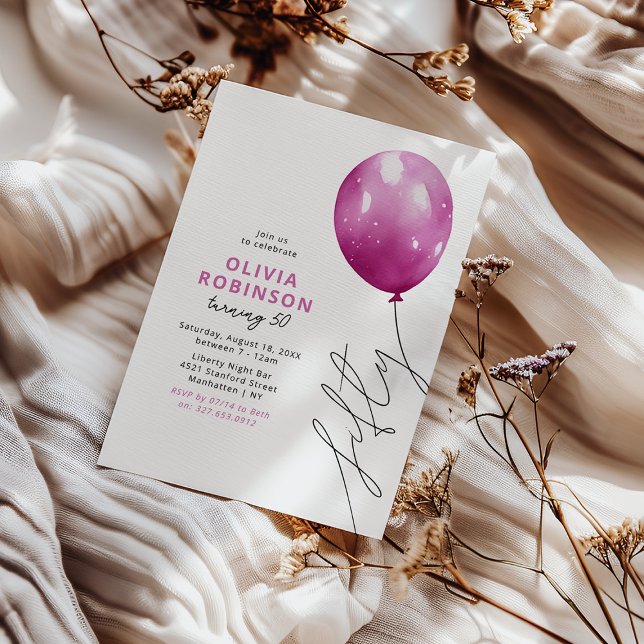 Trendig Rosa Balloon 50:e födelsedagen Inbjudningar (Skapare uppladdad)