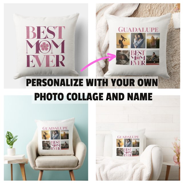 Trendig Rosa Bästa Mamma Någonsin Foto Collage Kudde (Trendy Pink Best Mom Ever Photo Collage Throw Pillow
)
