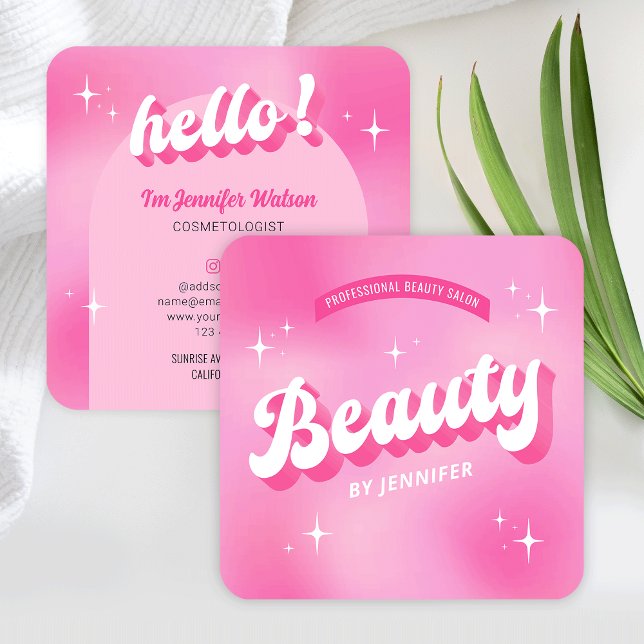 Trendig Rosa Beauty Salon Retro Girly Groovy Lash Fyrkantigt Visitkort (Girly beautician business cards in pink, featuring retro nostalgia style fonts and groovy design)