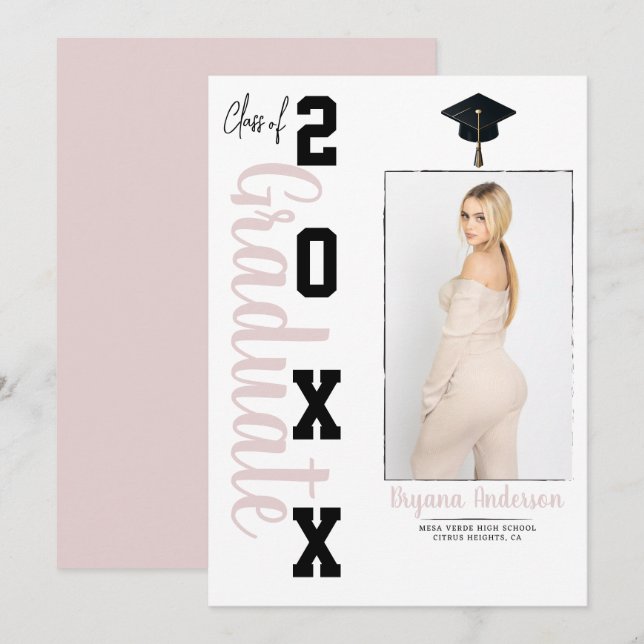 Trendig Rosa Black Studenten fotomeddelande Inbjudningar (Fram/baksida)