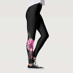 Trendig Rosa Blommar Blommigt Leggings, Black Leggings