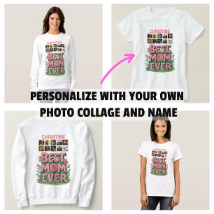 Trendig Rosa Blommig 10 Fotos Kollage och Namn T Shirt