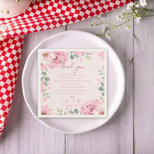 Trendig  Rosa Blommigt Bröllop Tack, meddelande Pappersservett (Trendy Blush Pink Floral Wedding Thank you Message Napkins)