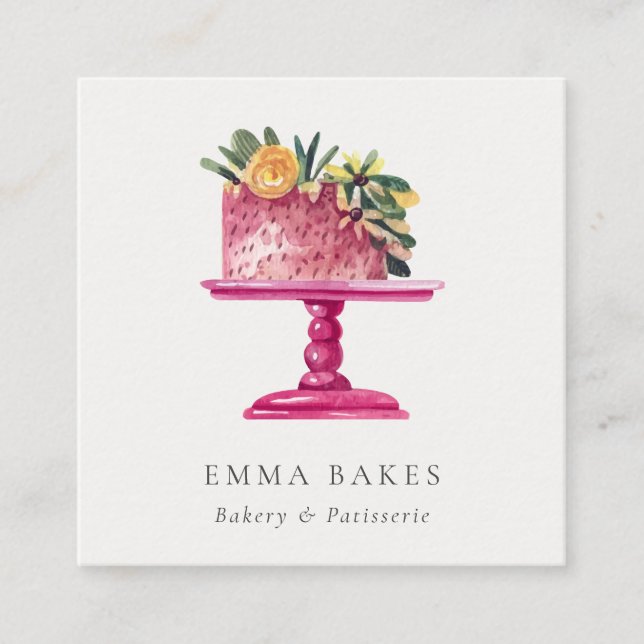 TRENDIG ROSA BLOMMIGT CAKE PATISSERIE CUPCAKE BAKE FYRKANTIGT VISITKORT (Framsida)