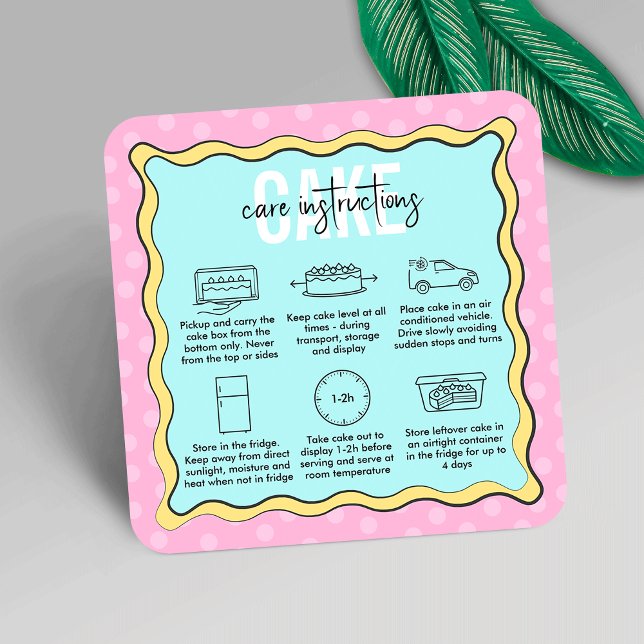 Trendig Rosa Blue Tecknad Cake Care Instructions Fyrkantigt Visitkort (Trendy cake care instructions cards in cartoon cake inspired design, featuring care icons)