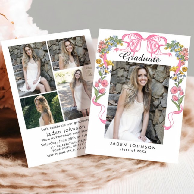 Trendig Rosa Bow Coquette 5 PHOTO-Studentfest Inbjudningar (Skapare uppladdad)