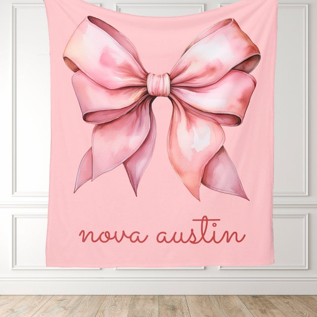 Trendig Rosa Bow Personlig med Namn Monogram Fleecefilt (Skapare uppladdad)