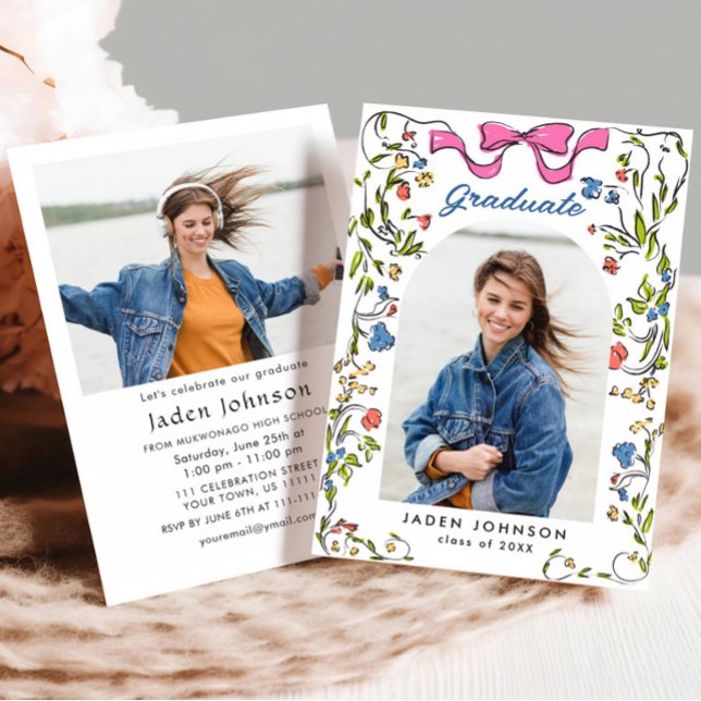 Trendig Rosa Bow Ribbon 2 PHOTO Studentfest Inbjudningar (Skapare uppladdad)